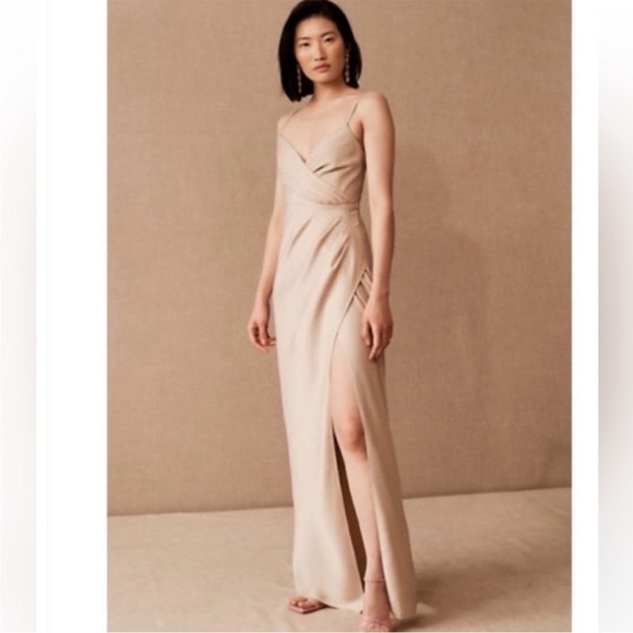 Anthropologie BHLDN Freya Satin Charmeuse Champagne Maxi Dress Sz 16 - Picture 1 of 10